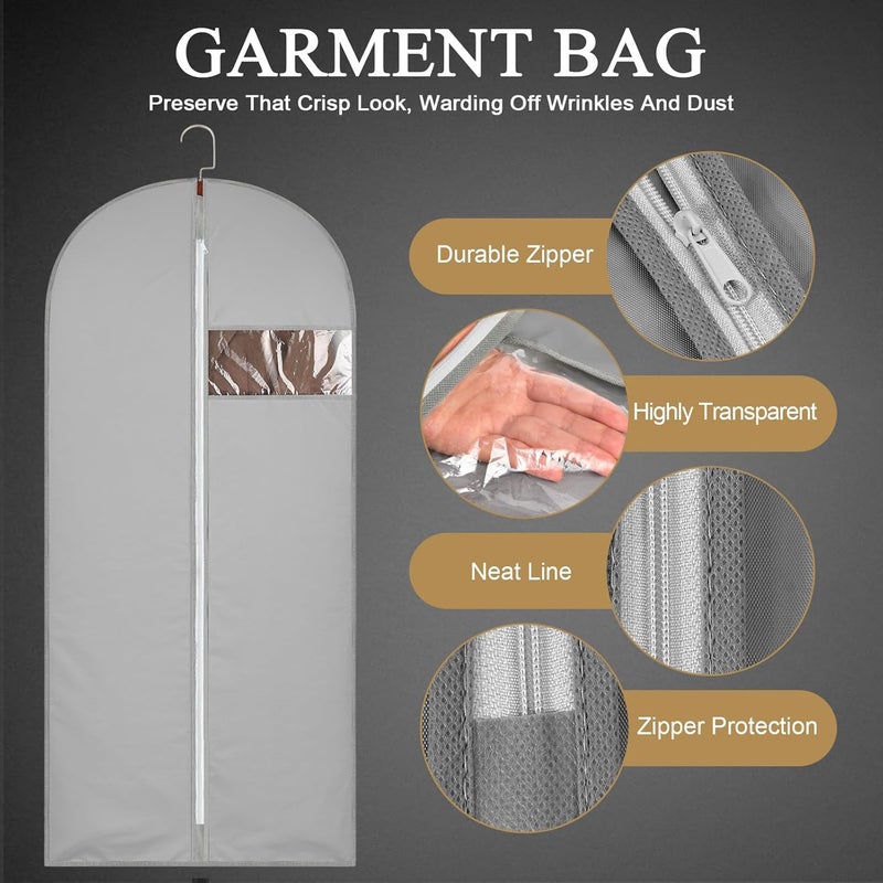 JOLYEAK 62-Inch Garment Bags Covers,Hanging Clothes Bag, Suit Cover Bags with Clear Window for Hanging Closet Clothes Storage and Travel (Gray) - Image 4